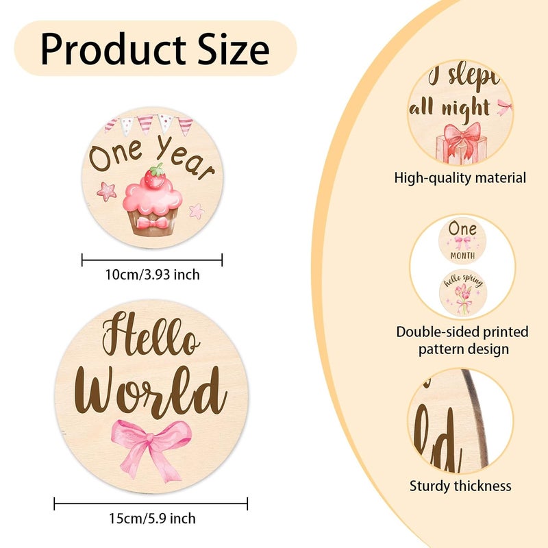 MCIAONE Baby Monthly Milestone Cards Sign - 13 Pcs Double Sided Baby Announcement Signs Bow, Pink Bow Wooden Milestone Circles Discs for Photo Props, Birth Announcement Marker Girl, Babies Welcome Card Gift - Image 2
